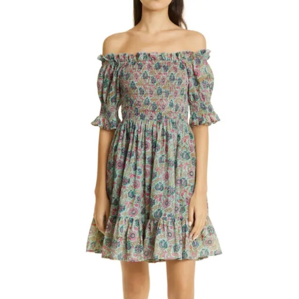 Mille Kiki Floral‎ Print Off The Shoulder Smocked Mini Dress Caribbean Green S